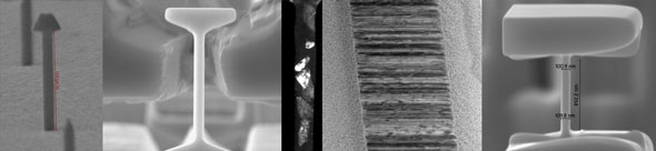 Figure 2: (a) SEM image of a face-centered cubic (fcc) single crystalline Cu tensile nano-pillar with 100nm diameter; (b) SEM image of body-centered cubic (bcc) single crystalline tensile Nb nano-pillar with 400nm diameter; (c) TEM (transmission electron microscope) image of a nano-crystalline Ni nano-pillar with 100nm diameter; (d) TEM image of a nano-twinned Cu nano-pillar with periodic twin boundaries spaced at ~3–4 nm; (e) SEM image of 100nm diameter tensile metallic glass (Zr35Ti30Co6Be29) nano-pillar. SEM and TEM images