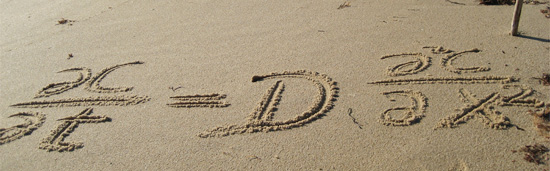Though there is a long tradition of “back of the envelope” estimates, we like to think of models that are simple enough that calculations can be done with a stick in the sand. This shows the equation that describes biological problems ranging from the diffusion of the sugars that cells like to eat to the geometric configurations of DNA molecules. Sand Equation